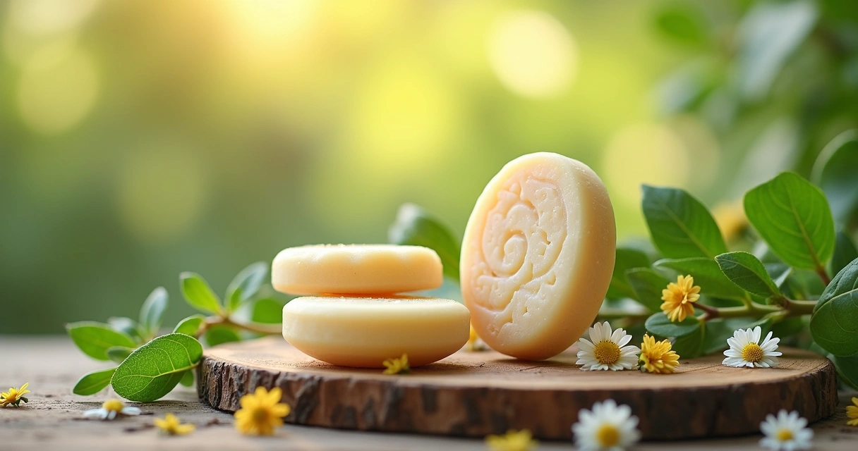 Barra de shampoo sólido natural e vegano sobre superfície de madeira com folhas verdes ao redor 