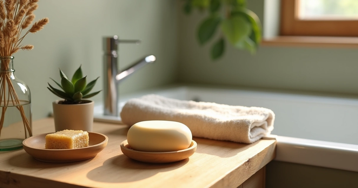 Shampoo sólido natural com embalagem sustentável sobre bancada de madeira com plantas ao redor 