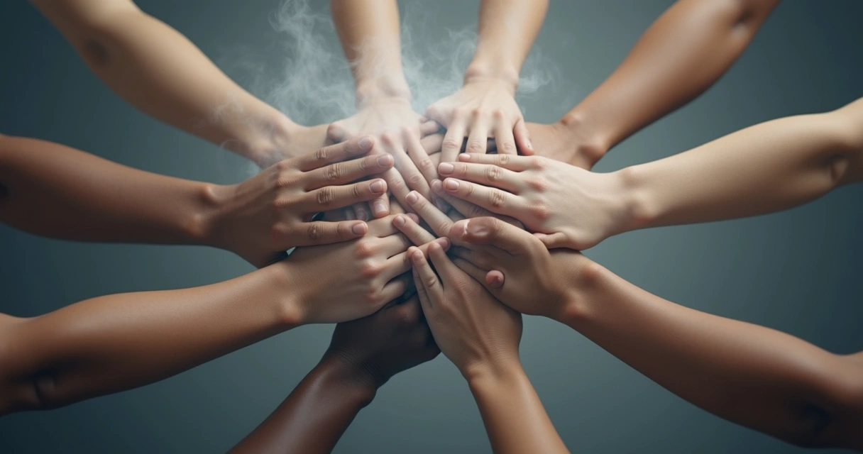 Hands joined together in the center, surrounded by faint mist, symbolizing shared anxiety in a group 