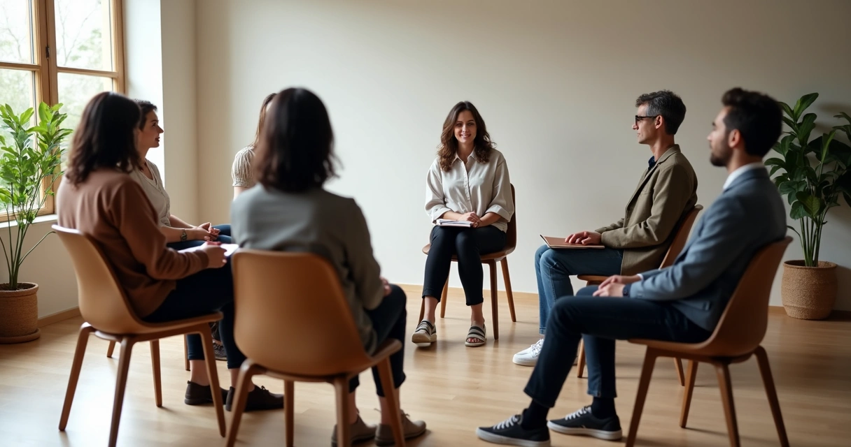 People seated in a circle in quiet group reflection 