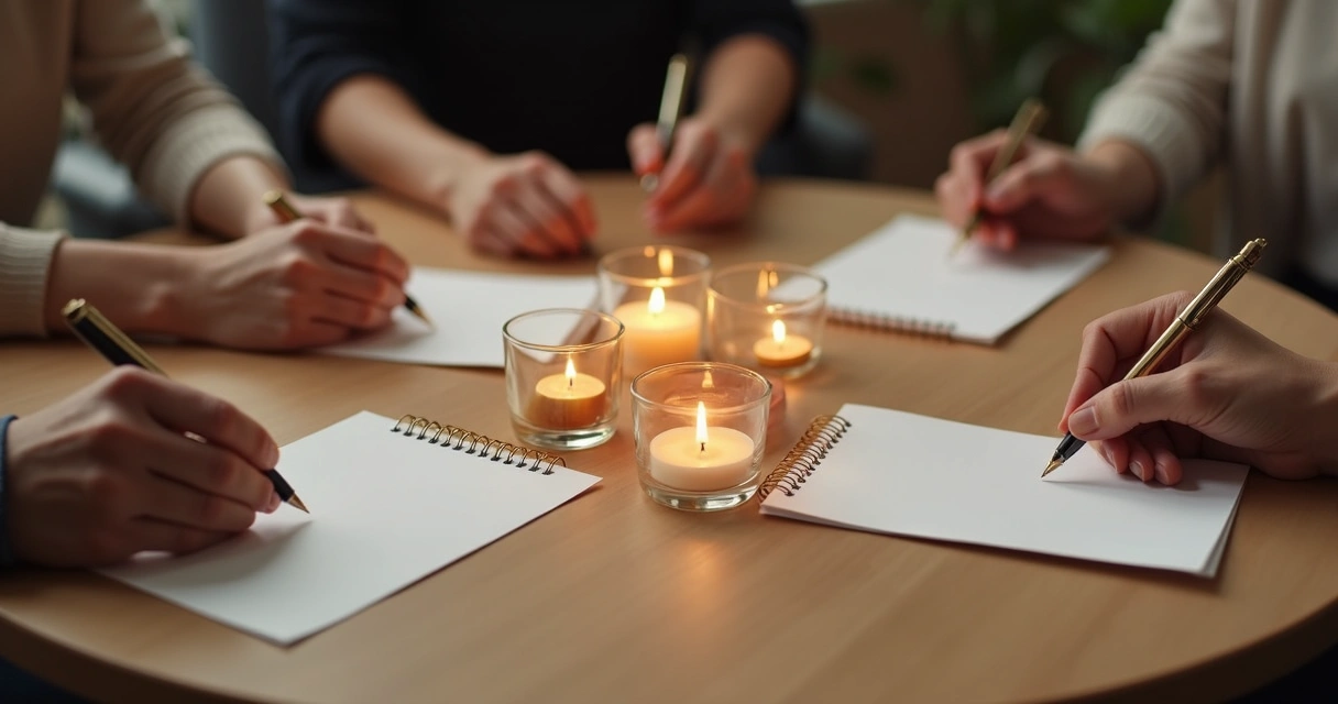Small group ritual with candles and written reflections on a table 