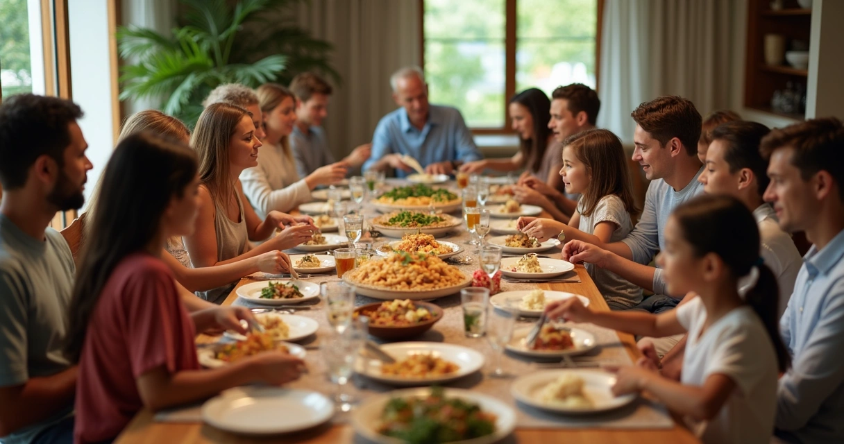 People sitting around a dinner table sharing a meal together. 