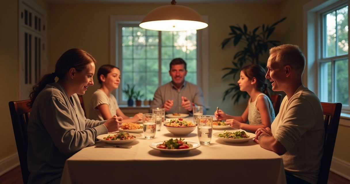 Blended family sharing dinner at home with calm atmosphere 