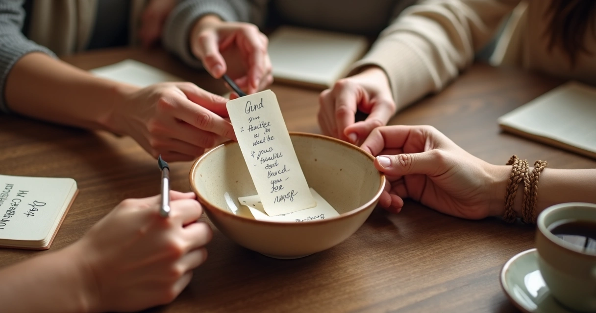 Hands placing gratitude notes in a bowl 