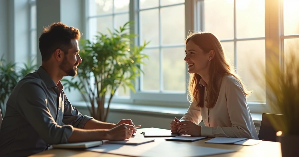 Two colleagues discussing personal growth in a bright office