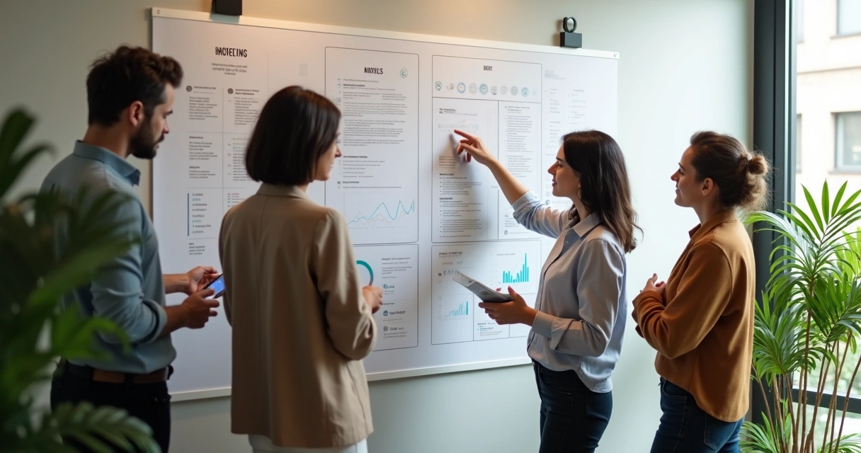 Four professionals reviewing progress on a wall chart together 