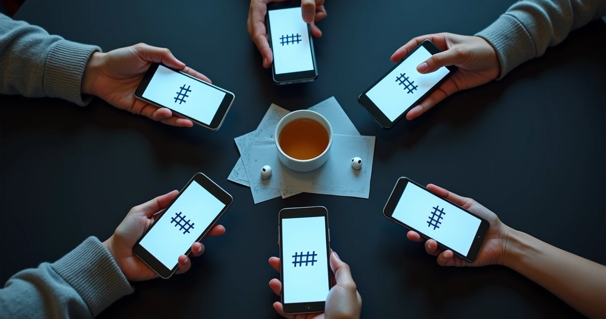 Many hands holding phones with a shared hashtag on screens 