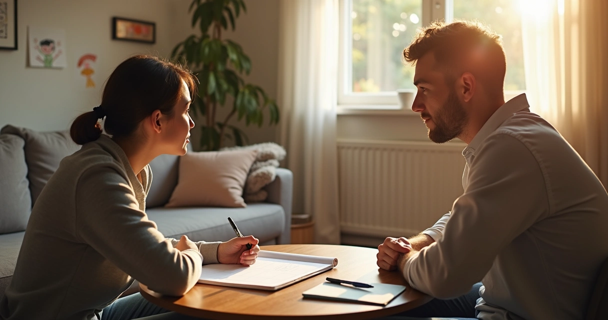 Two adults having a calm conversation while reviewing household tasks 