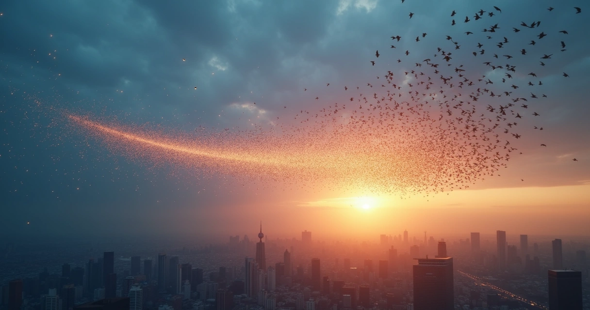Bird flock forming a glowing symbol over a city at dusk 