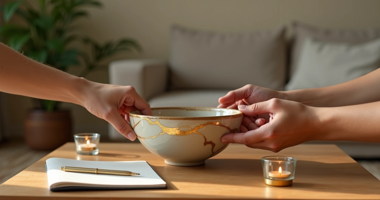 Two people gently holding a repaired golden-cracked bowl together 