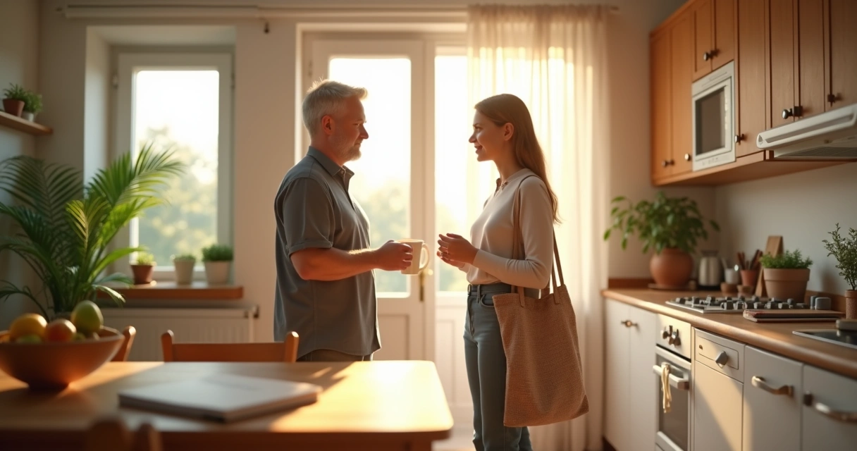 Two housemates greeting each other in a bright kitchen