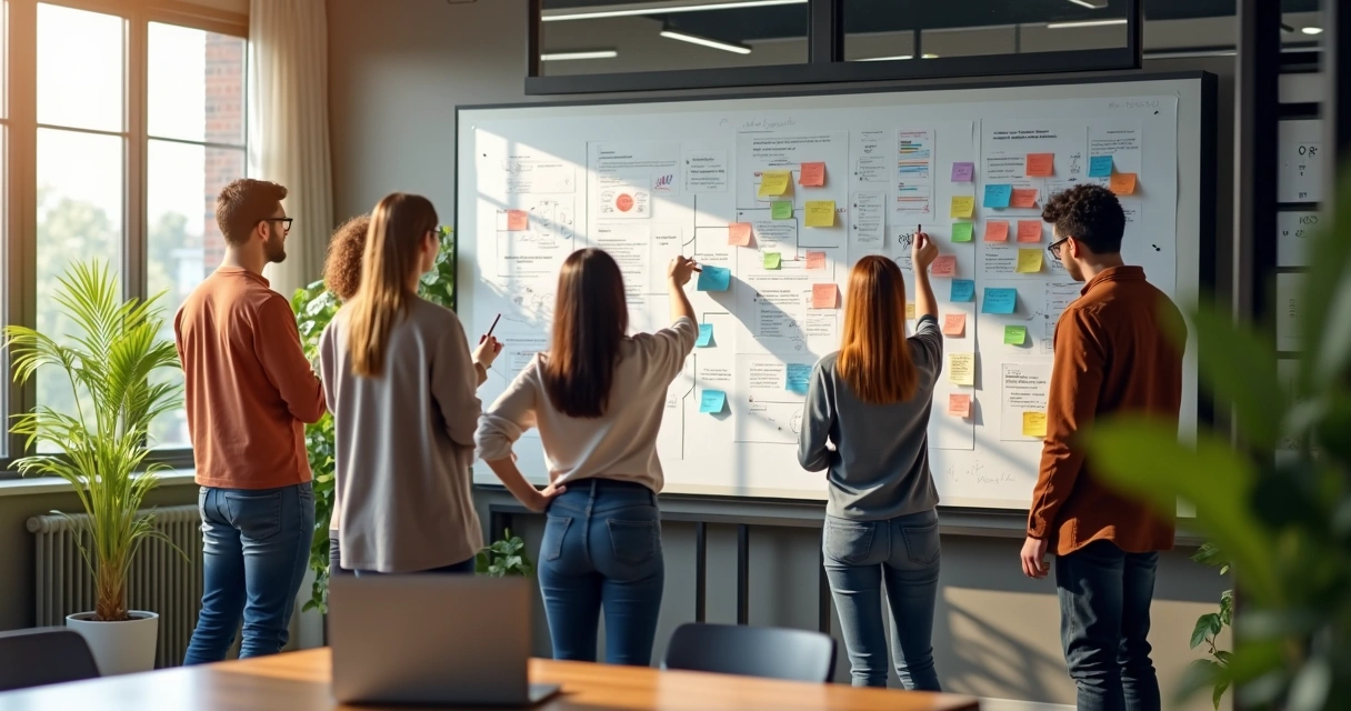 Cross-functional team collaborating around a wall of notes and diagrams