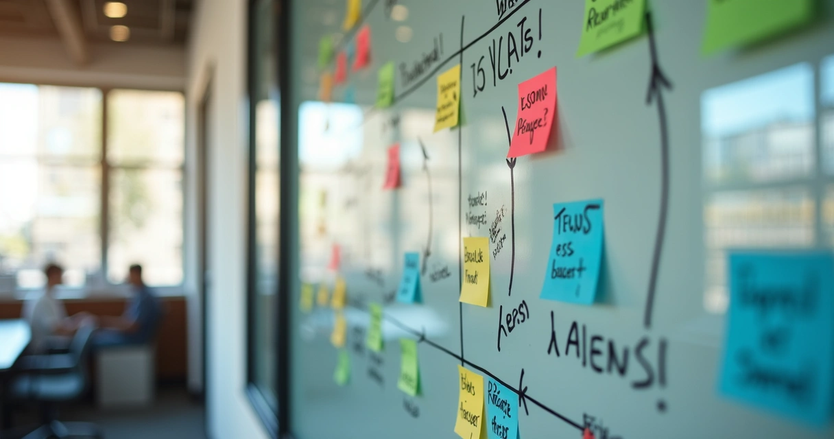 Whiteboard filled with team learning notes, sticky notes, and action points
