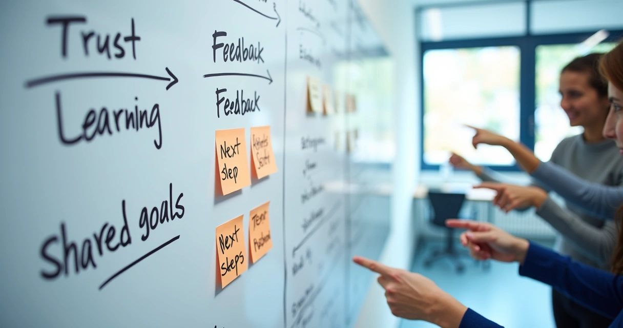 Whiteboard with group values and action steps in a meeting room