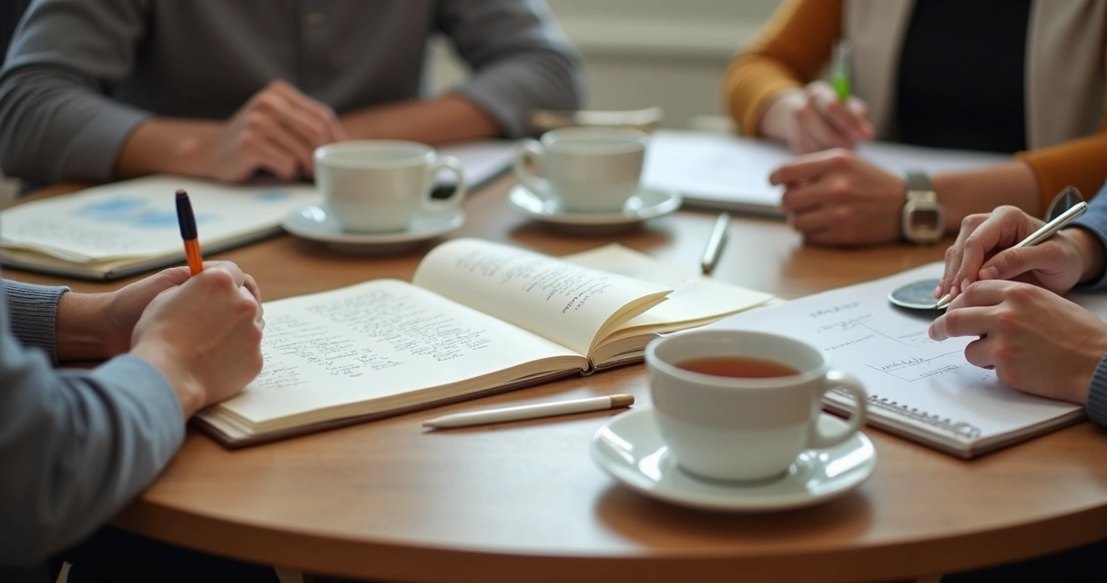 Notebook and hands around a table during a reflective group discussion 