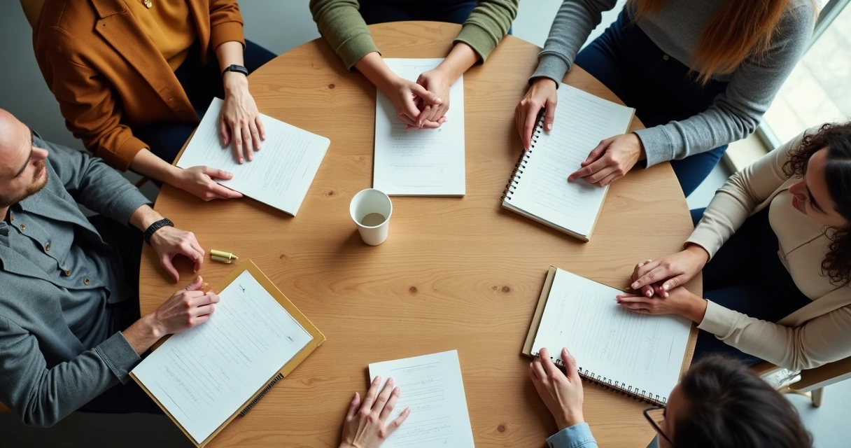 Hands around a table with notes during a group discussion