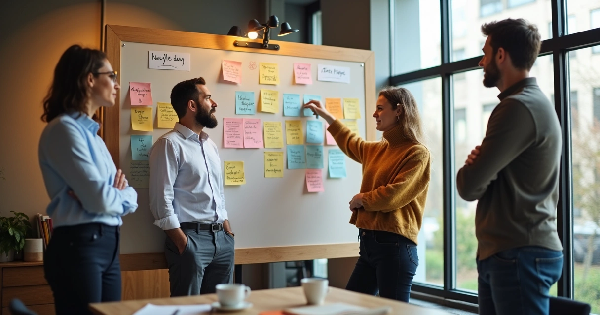 Team members reviewing notes on a shared board during reflection