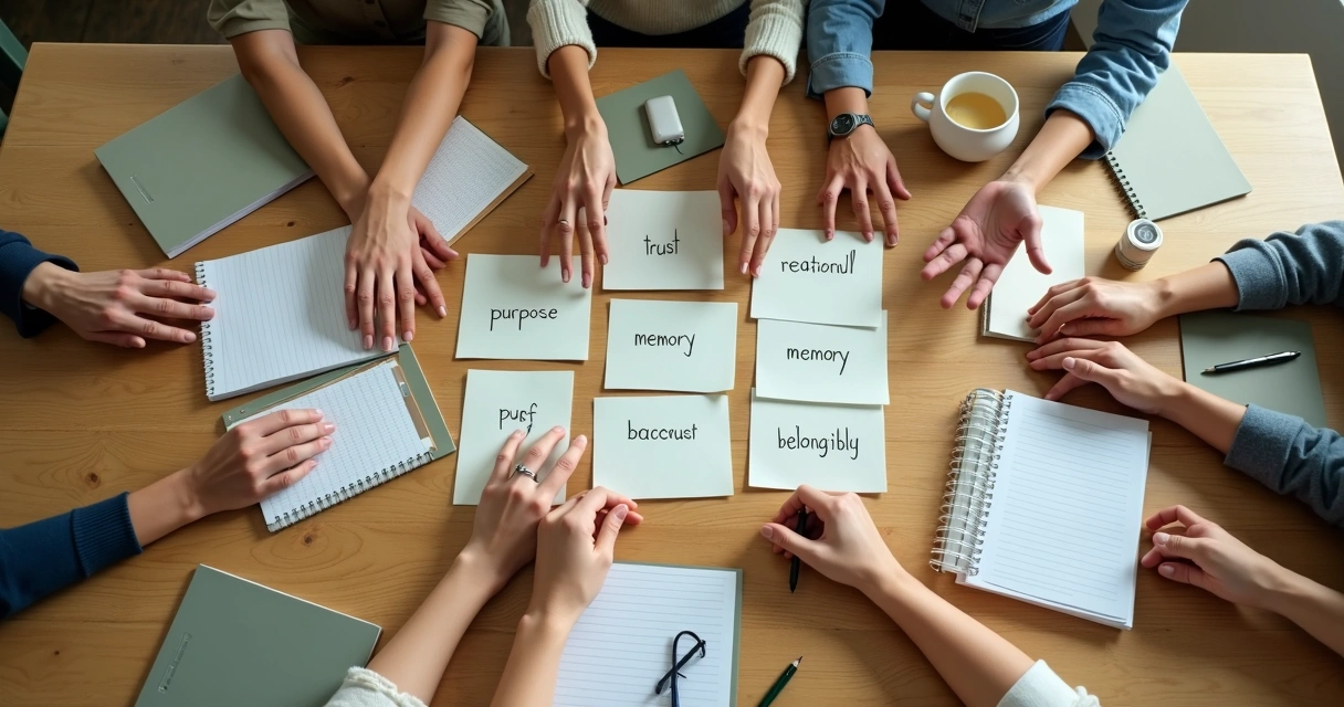 Hands arranging notes about values and purpose on a table 