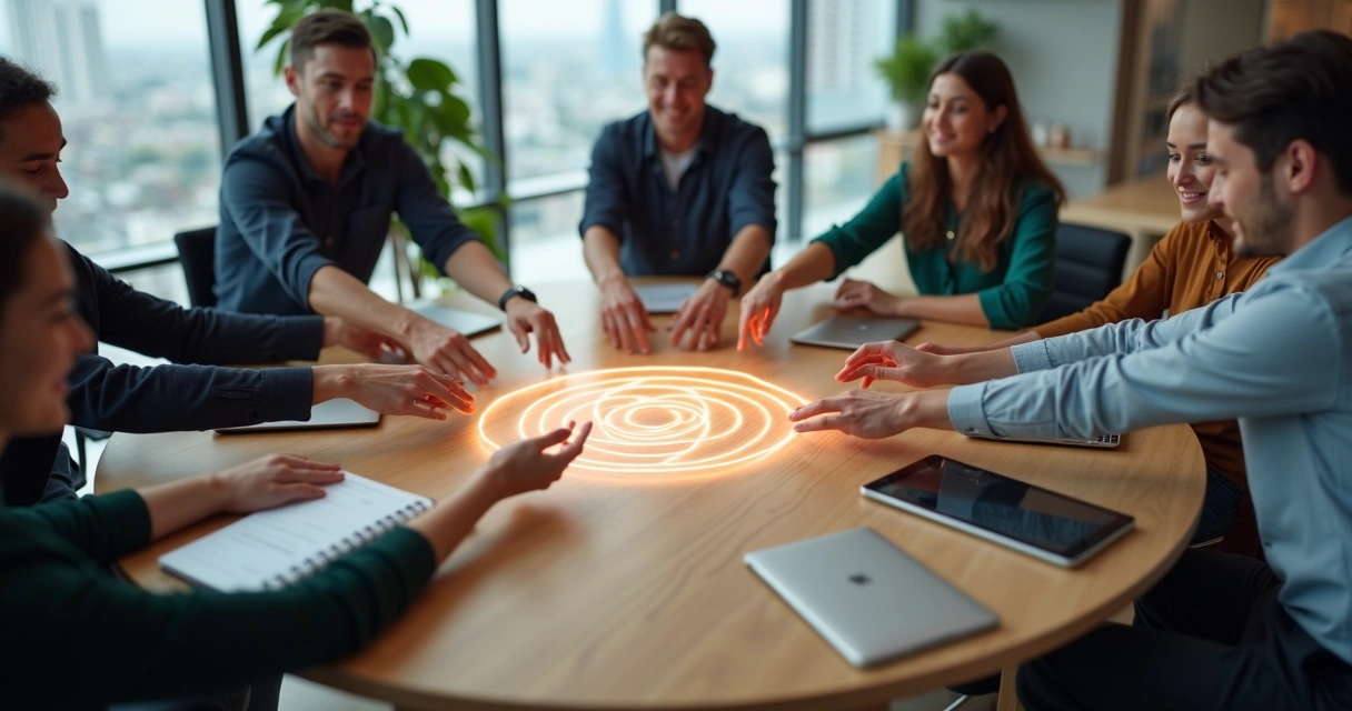 Team around round table forming glowing shared symbol in the center 