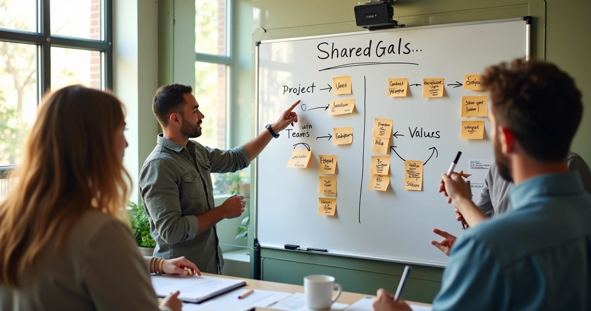 Team workshop aligning around a shared purpose board