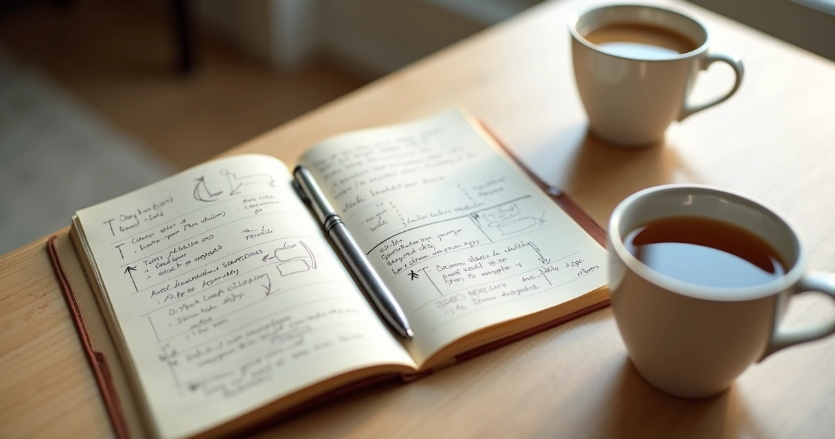 Open journal with relationship notes beside two coffee cups