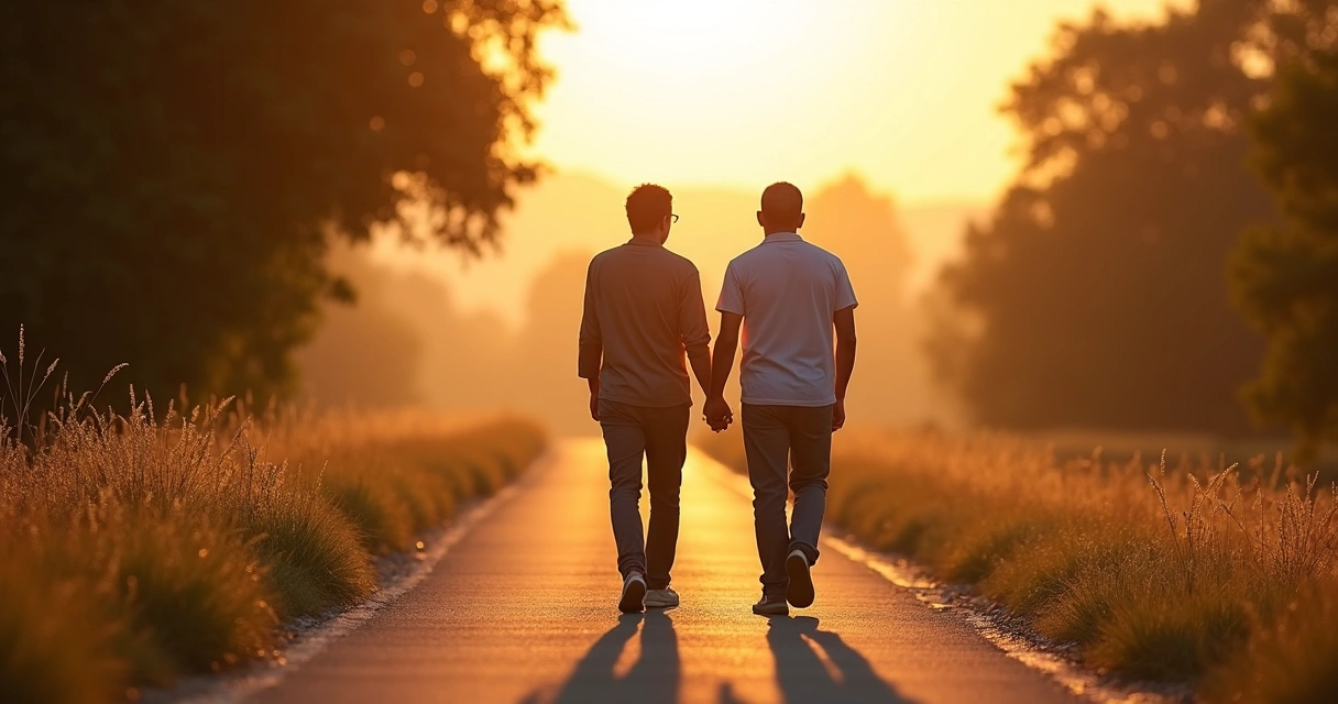 Two people walking side by side on a calm path at sunrise