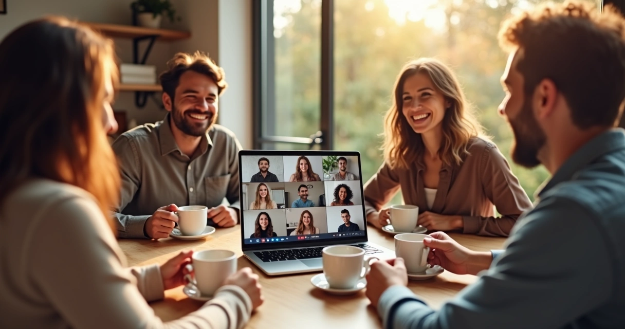 People gathered around a table, sharing coffee, with a laptop open showing a video call 