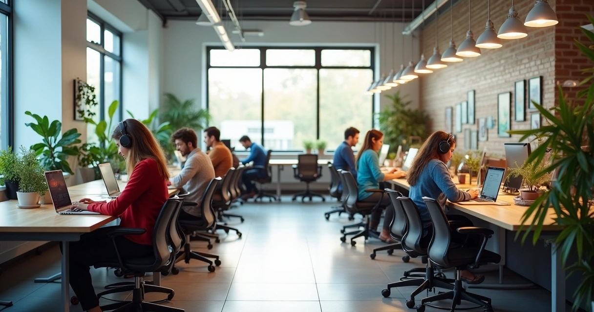 People working at shared office space with laptops 