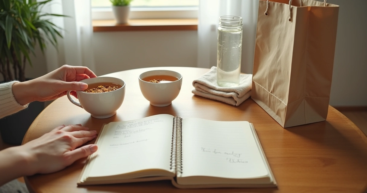 Hands sharing tea and a notebook on a wooden table