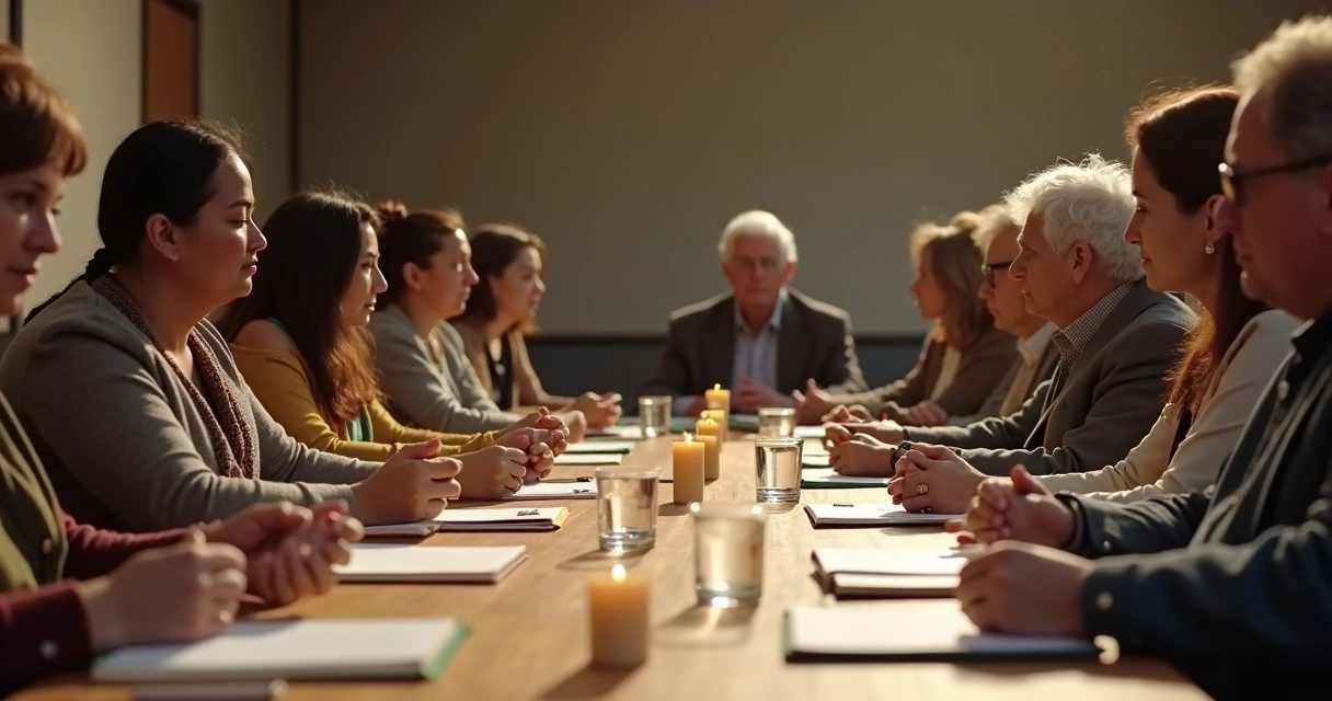 Community members seated around a table after a guided reconciliation session 