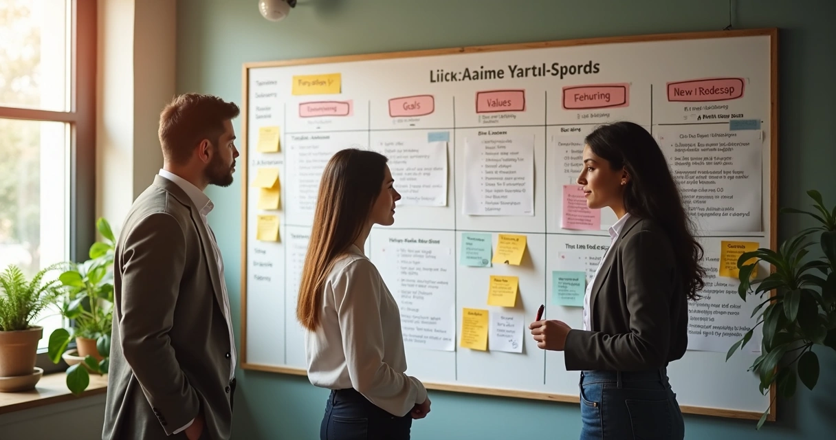 Wall board showing team goals, values, and next steps in a shared workspace