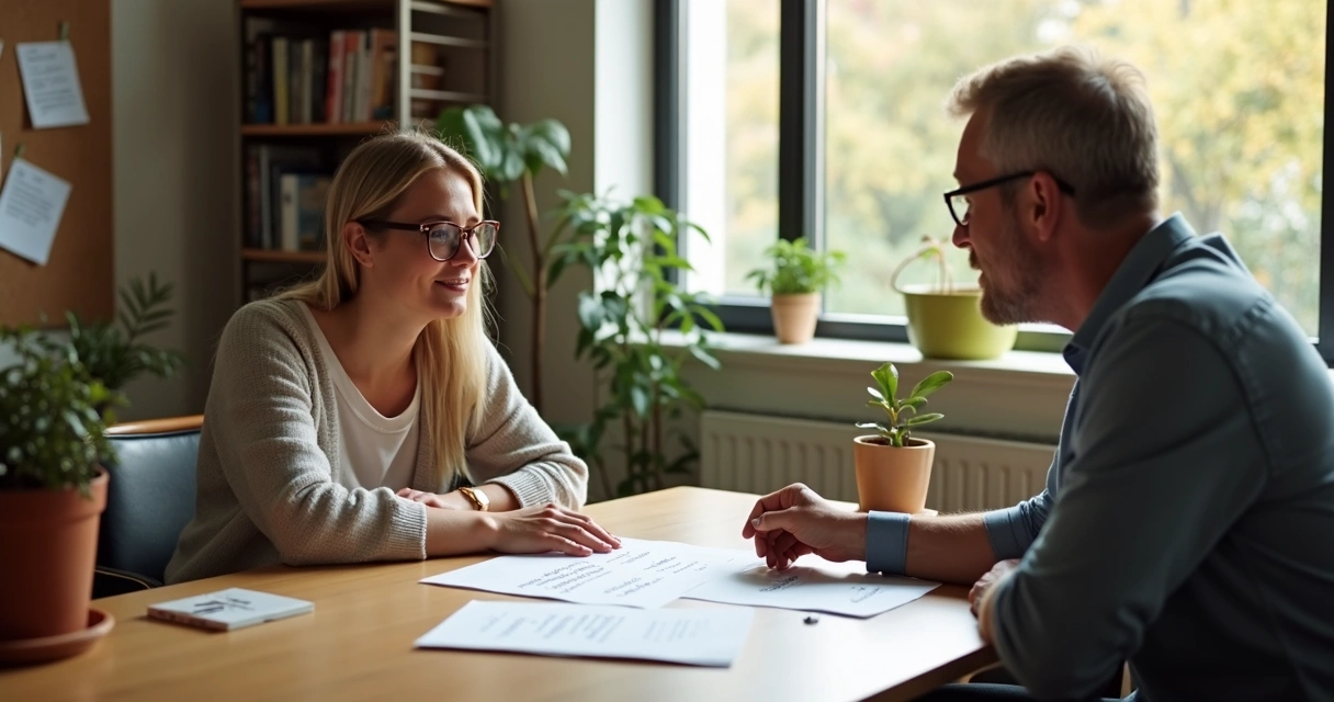 Two people discussing at a table, pointing at paper with shared values listed