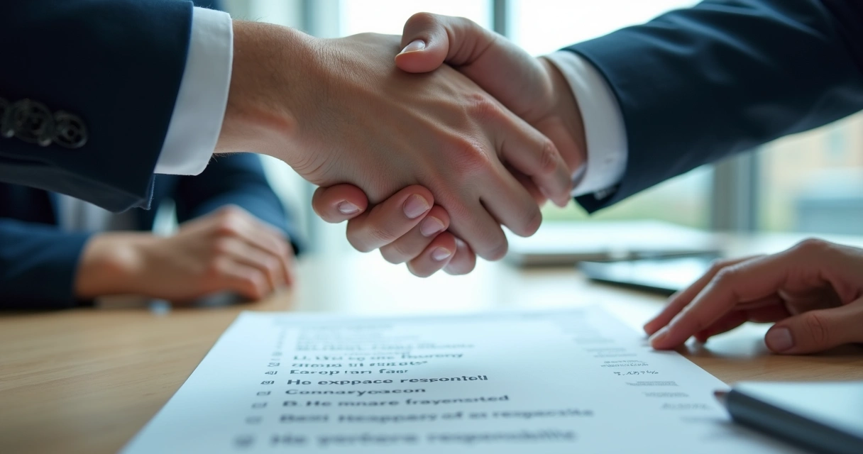 Two people shaking hands over written values