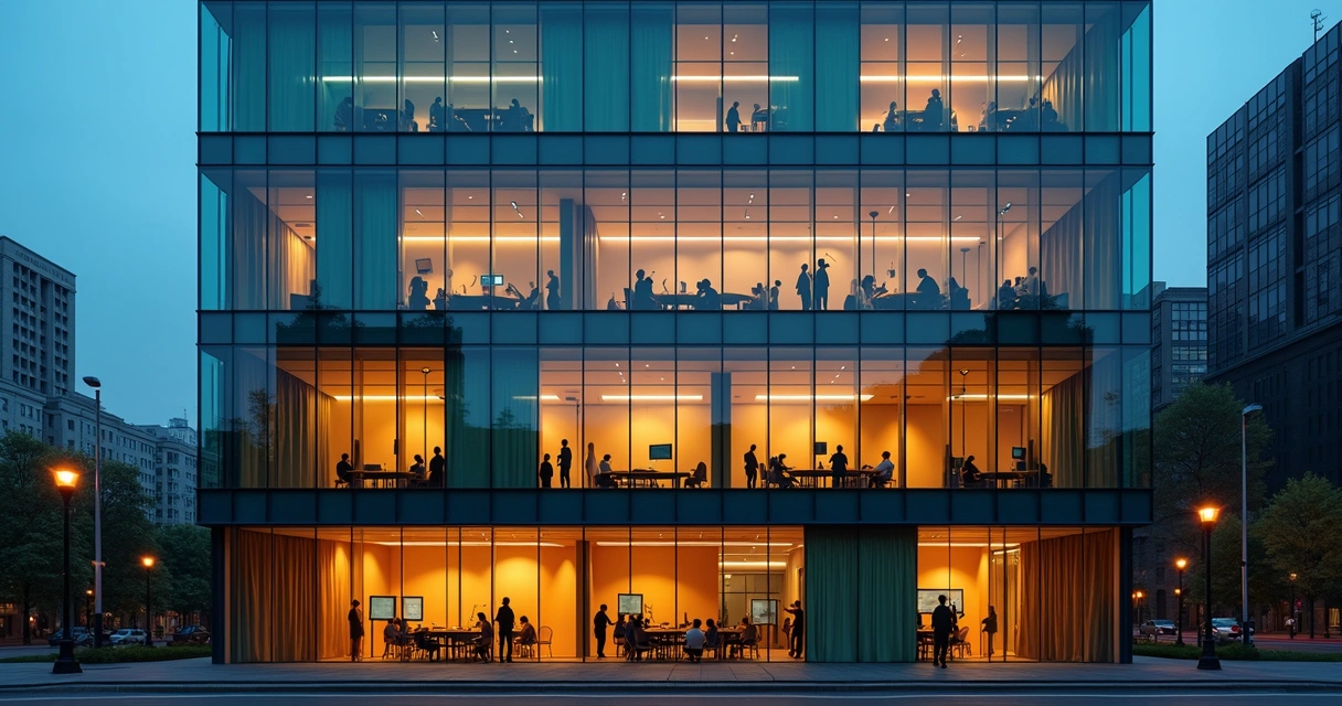 Corporate building facade lit with different colored windows forming a unified pattern 