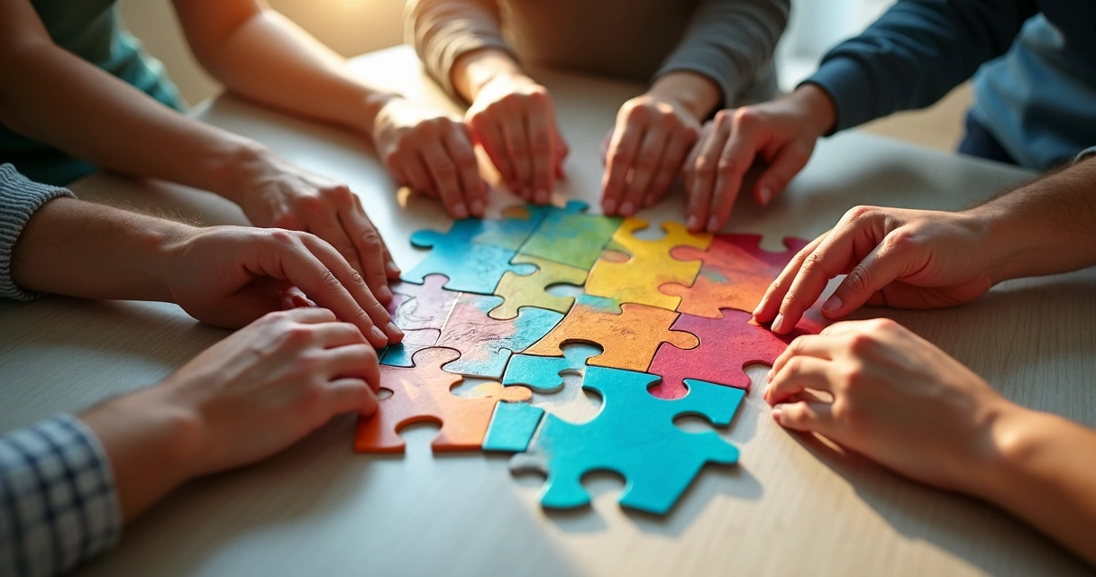 Illustration of a group building a large shared puzzle 