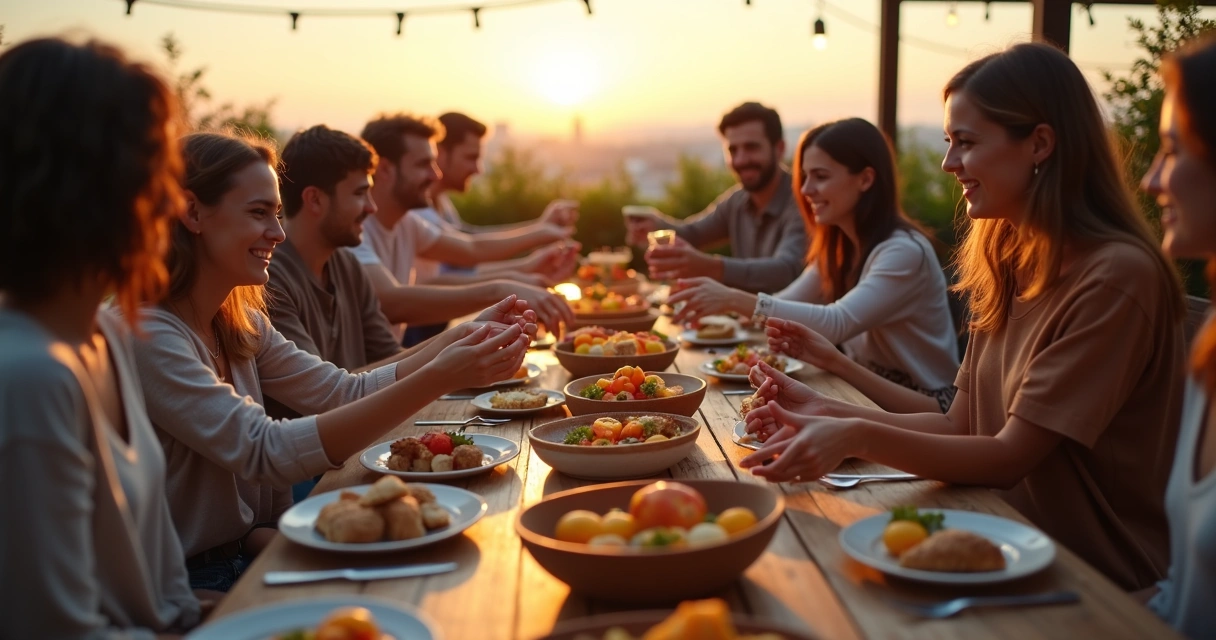 People around a long table passing glowing fruits and bread 