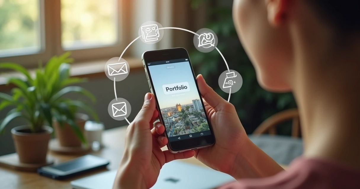 Person sharing online portfolio link on smartphone 