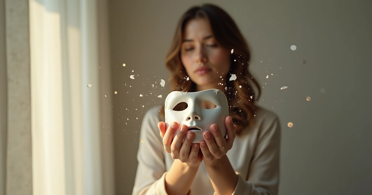 Person holding shattered mask dissolving into light 
