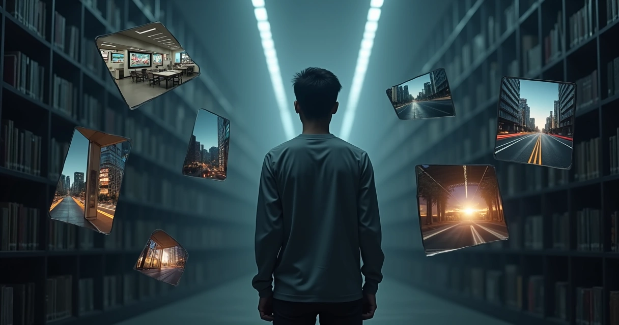 Person surrounded by floating fractured mirrors reflecting distorted life scenes 