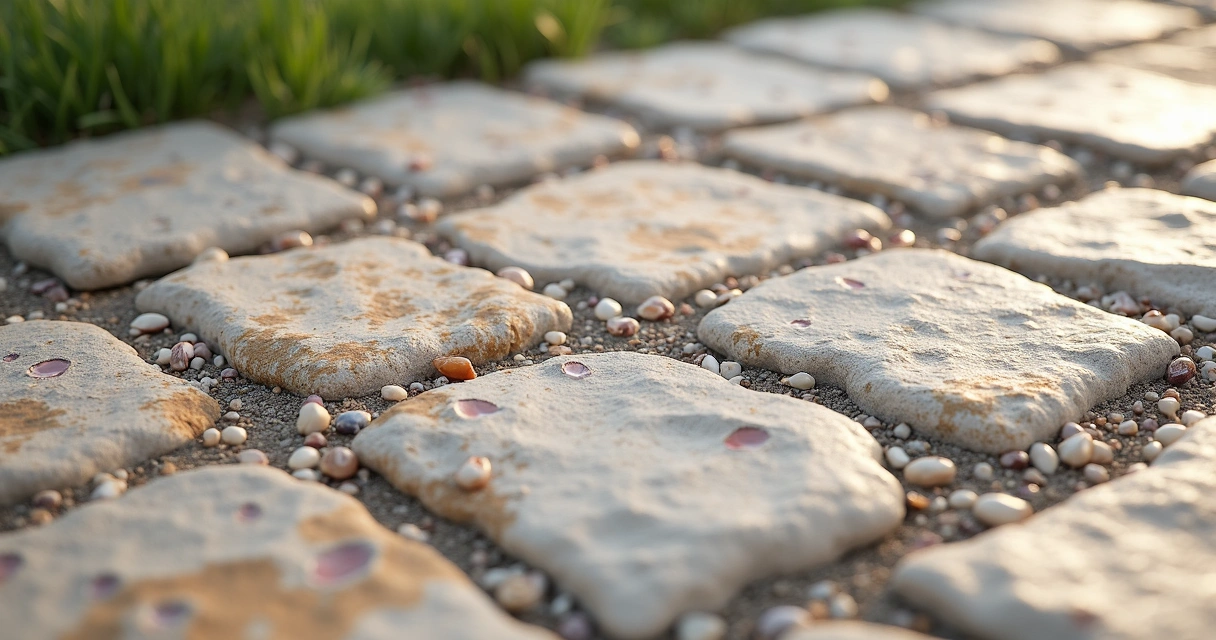Close-up of shell stone pavers with visible seashell fragments