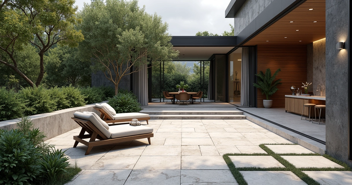 Modern outdoor patio with shell stone pavers and seating