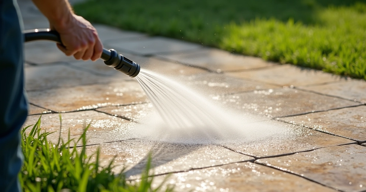 Person cleaning shell stone patio with garden hose