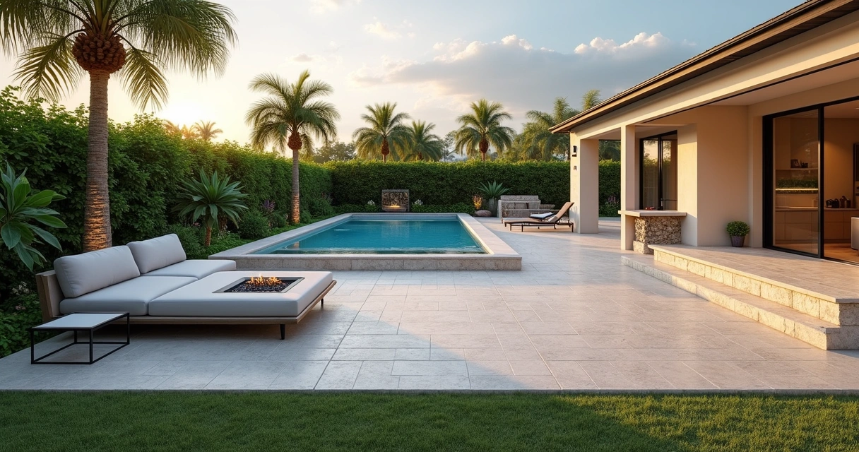 Shell stone patio with pool and seating in a Central Florida backyard 