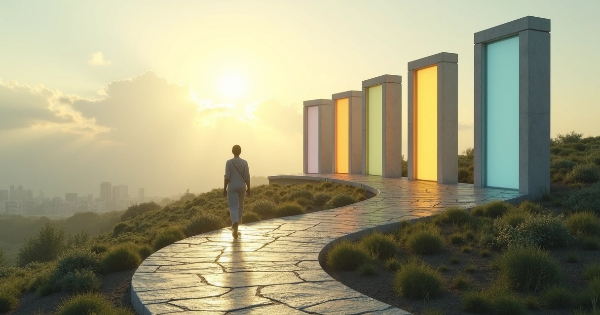 Person walking through shifting translucent doorways along a winding path 