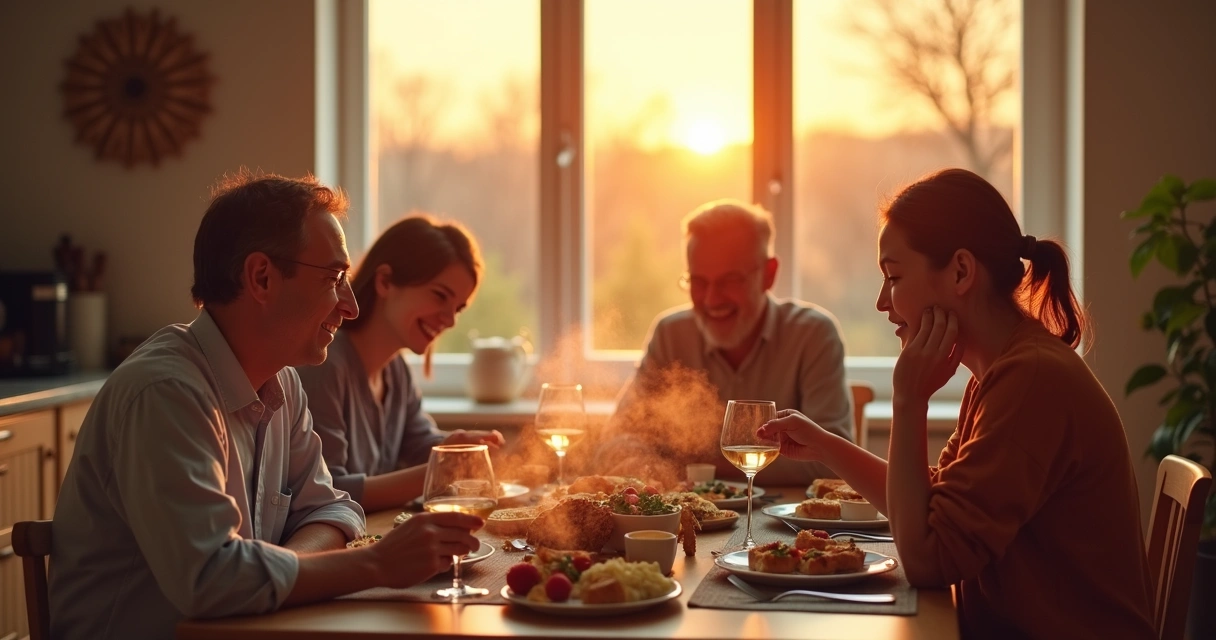 Family gathered around a kitchen table, some laughing, one person looking distant
