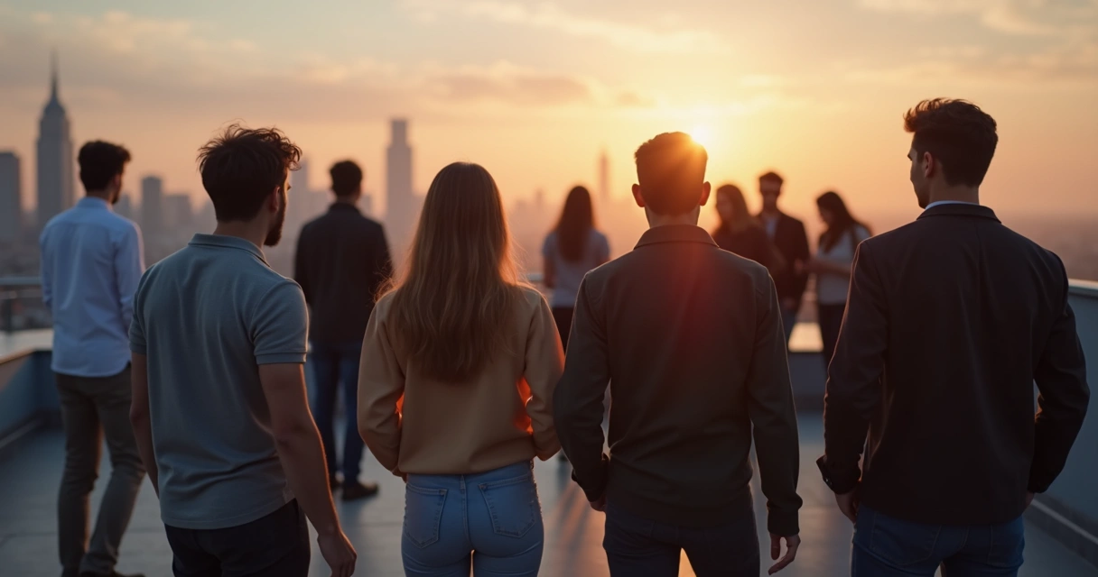 Two groups of friends, one moving away together from another group. 