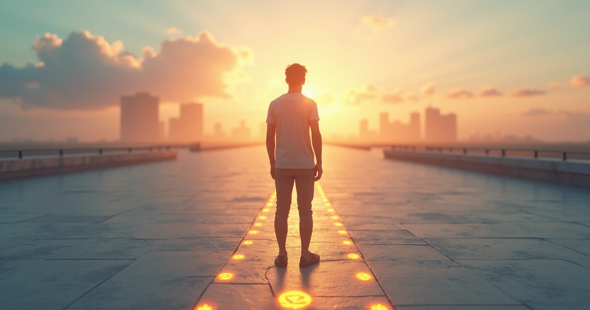 Person standing at a crossroads watching a sunrise over a futuristic city 