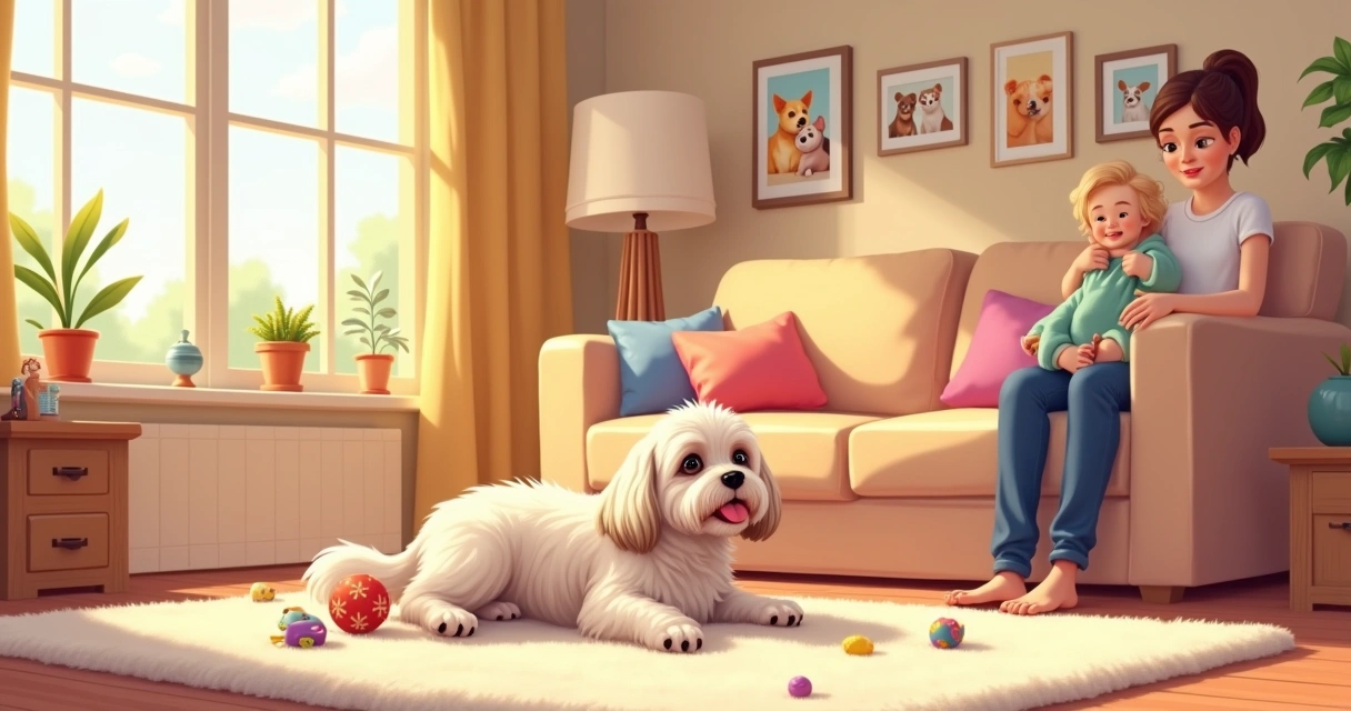 Um Shih Tzu deitado em um tapete, enquanto uma pessoa o acaricia em uma sala aconchegante e iluminada.