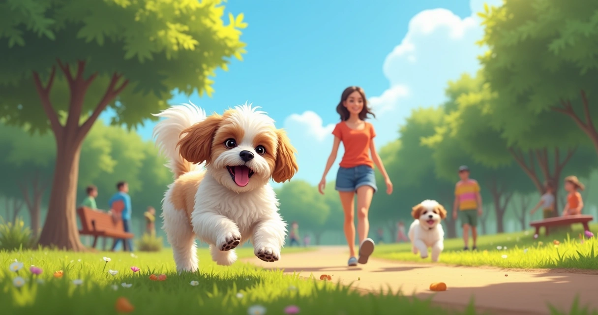 Shih Tzu brincando em parque ensolarado, com dona feliz e árvores verdes ao fundo.