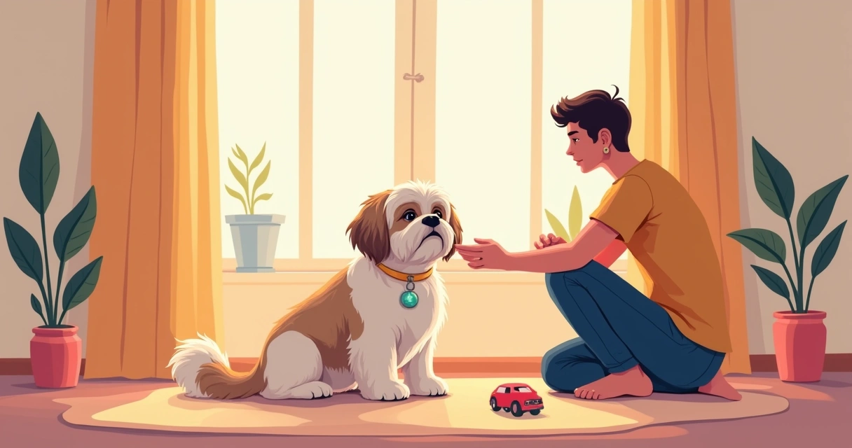 Um Shih Tzu tranquilo em um ambiente doméstico acolhedor, com ração e brinquedo ao seu lado.